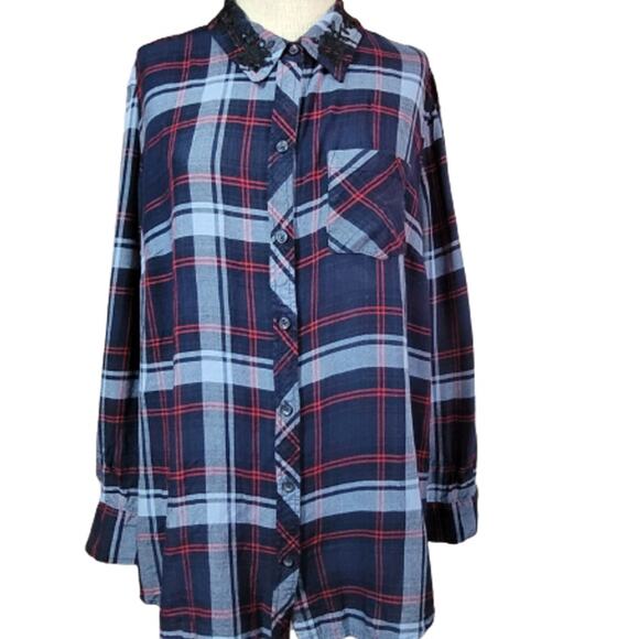 Blue and Red Plaid Button Up with Sequin Detail Size 14 - Picture 1 of 5